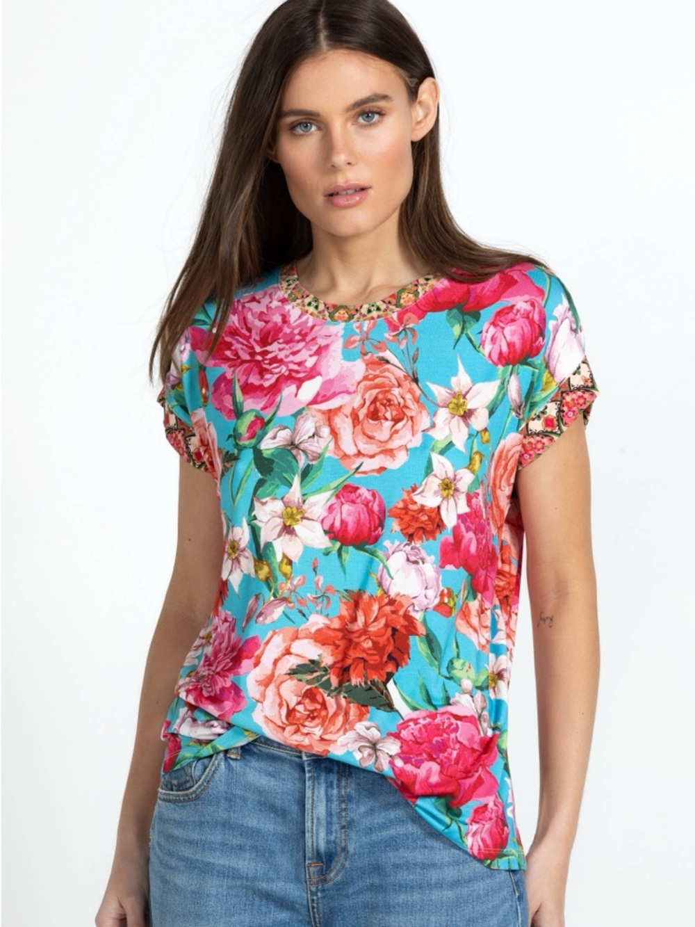 NWT Johnny Was Pink Rose Relaxed Tee Floral Stretch Short Sleeve Bamboo Top. 3